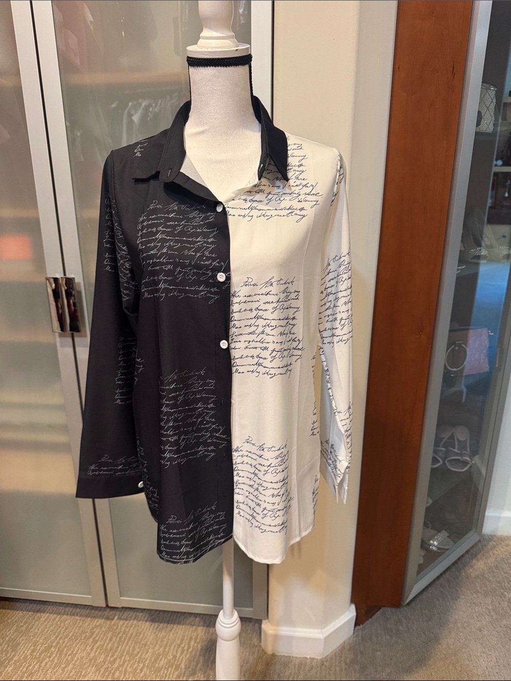 Two-Tone Script Button-Down Shirt - Black & White
